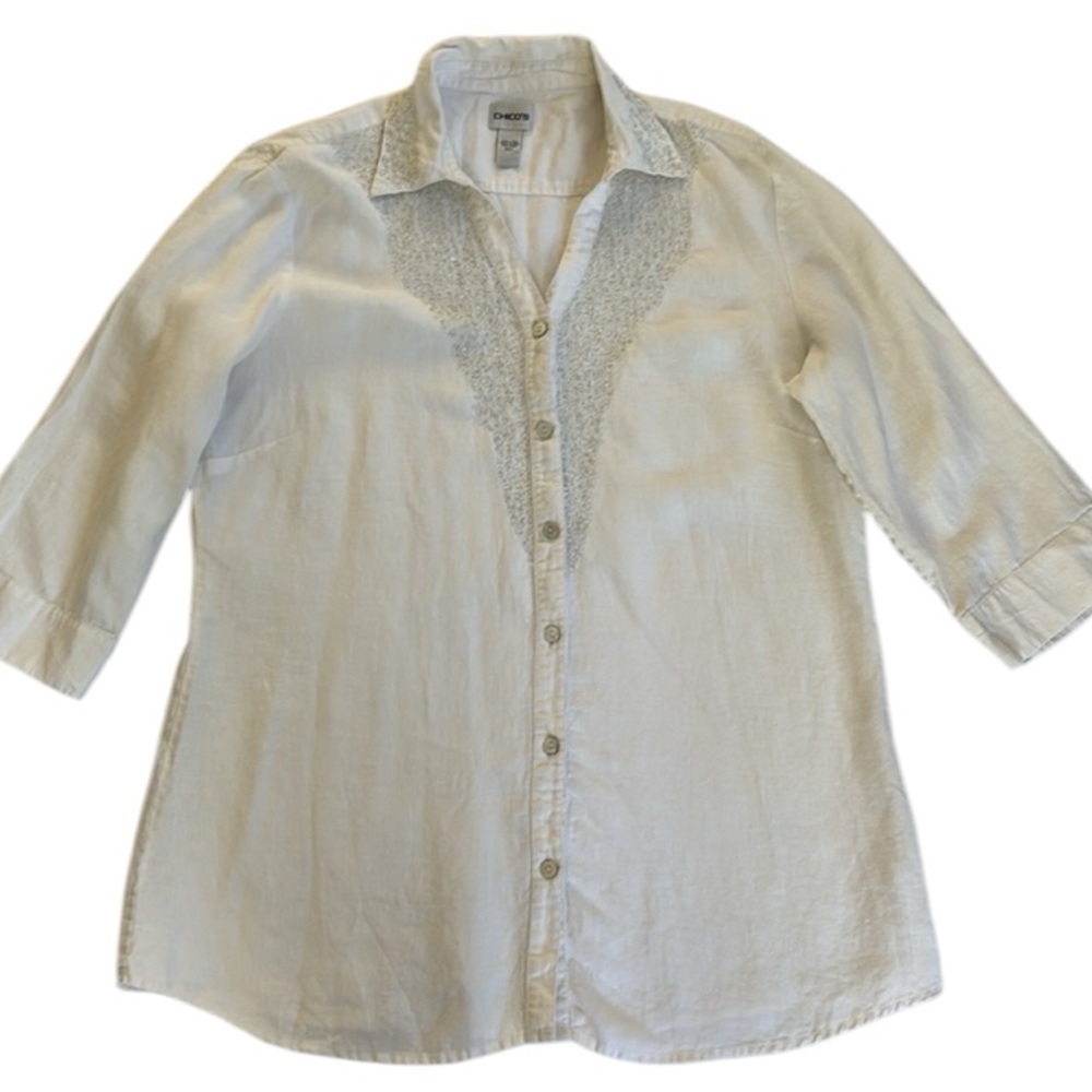 Chico's White Linen Tunic Button Down Beaded Blouse Collared Top Women’s 3 XL